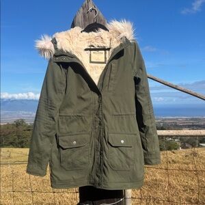 Hollister Y2K Army olive Green Faux Fur Parka Jacket Hoodie Outdoor Gorpcore